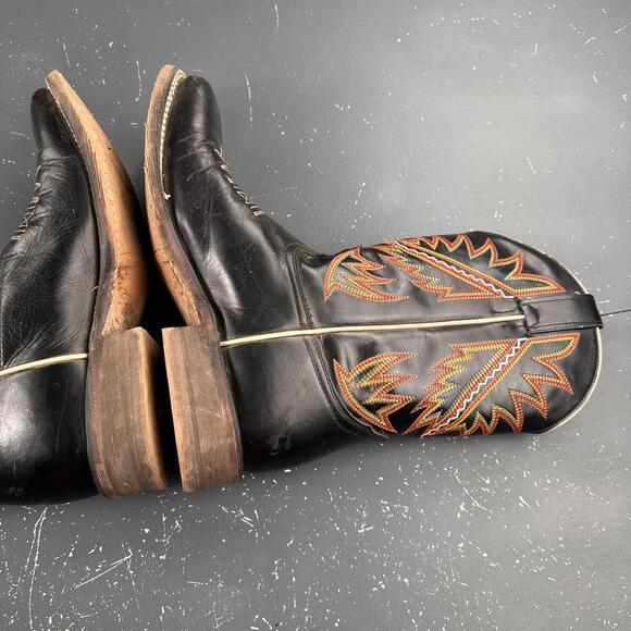 Nocona Western Boots Mens 9D Black Cowboy Leather Orange Red Feather Embroidery - Picture 9 of 9